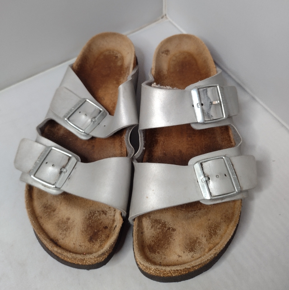 Birkenstock Arizona Unisex Slide Sandals 41 Silver Metallic Slip On Comfort A